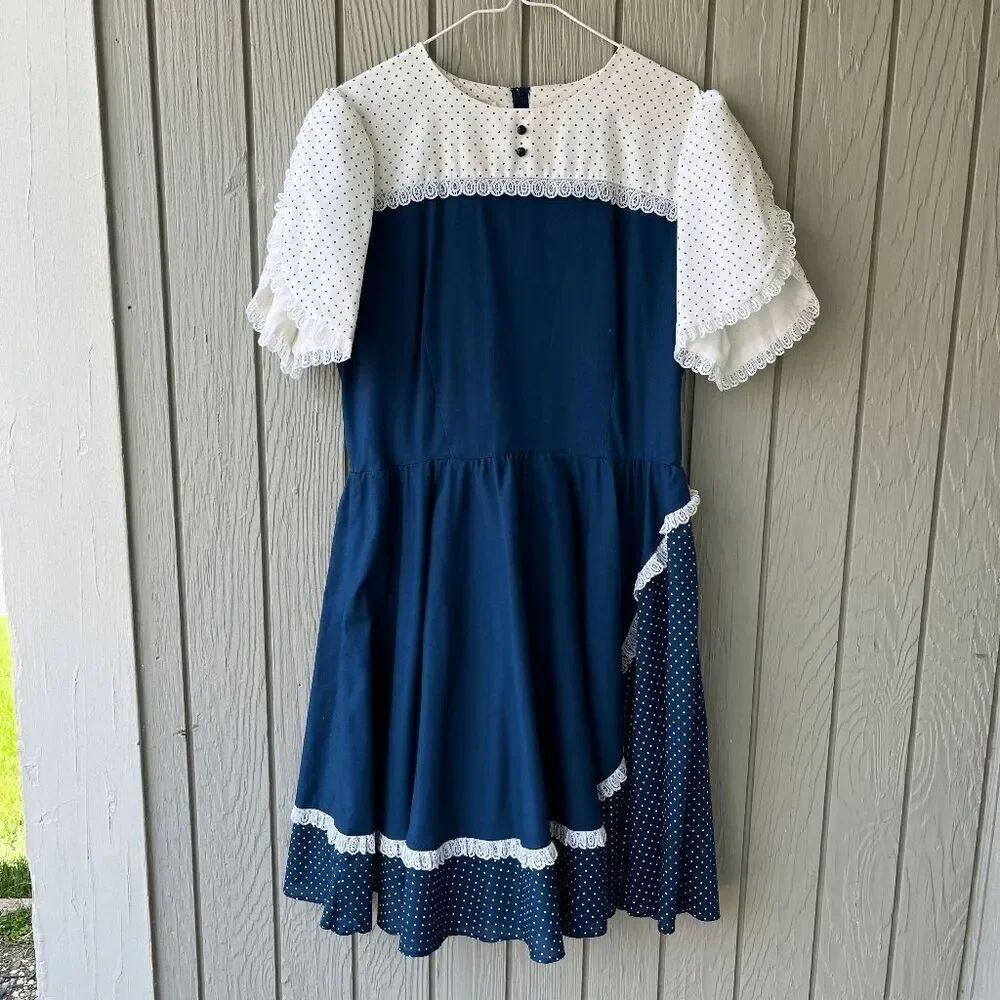 Vintage 80s Jeri Bee Square Dance Dress Navy Polka Dot L/XL, Petal Sleeve